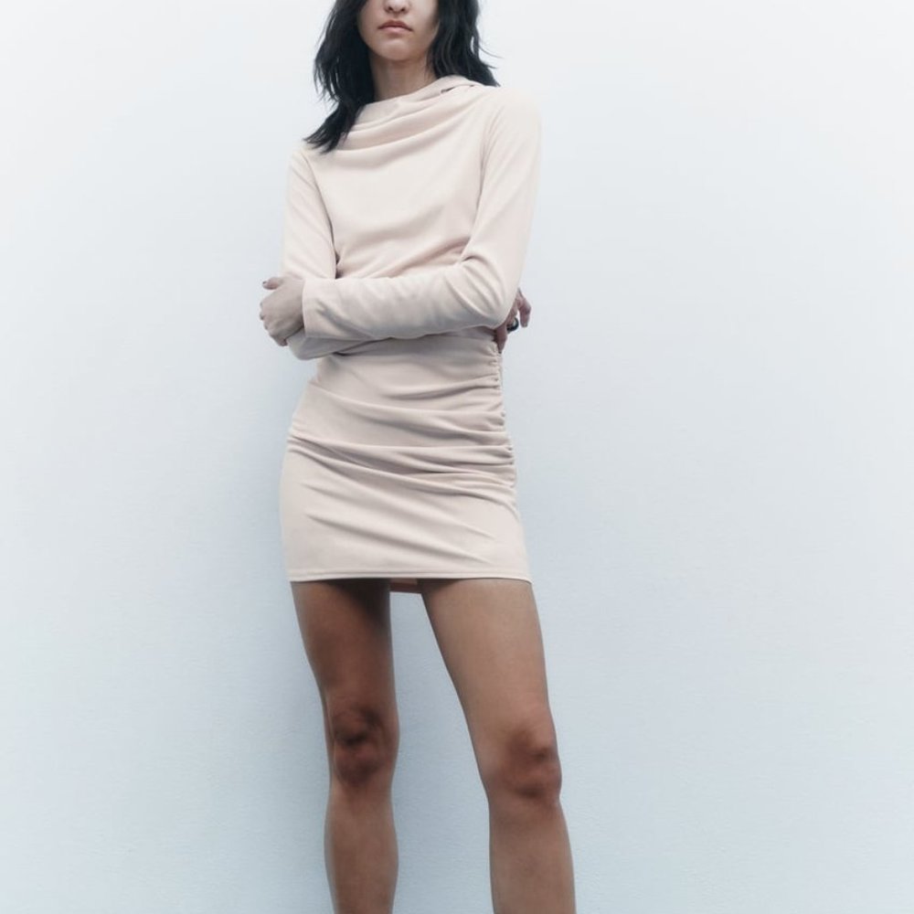 NWT OPEN BACK HOODED BEIGE ECRU DRESS.